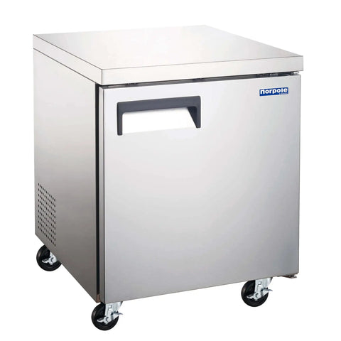 Heavy Duty Commercial Undercounter Freezer 27 Inch 6 Cubic Foot Stainless Steel Auto Defrost with a sleek design on wheels.