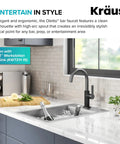 Oletto Single Handle Kitchen Bar Faucet In Matte Black And Spot Free Black Stainless Steel Finish For Kitchen Sinks Modern High Arc Spout Compact Design Perfect For Small Kitchens And Bar Areas in a modern kitchen setting