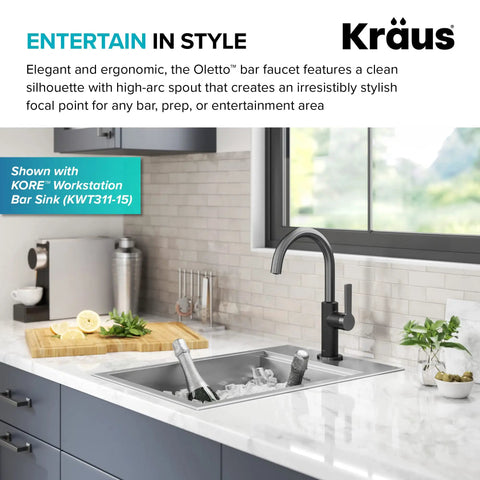 Oletto Single Handle Kitchen Bar Faucet In Matte Black And Spot Free Black Stainless Steel Finish For Kitchen Sinks Modern High Arc Spout Compact Design Perfect For Small Kitchens And Bar Areas in a modern kitchen setting