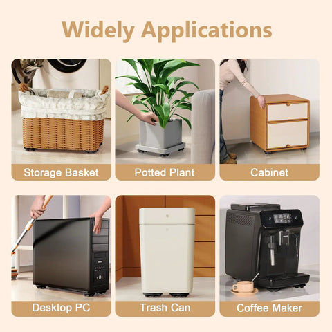 Six images showcasing Two Inch Stick-On Adhesive Caster Wheels 360 Degree Swivel Universal Mini Casters on various items like baskets, plants, and PCs.