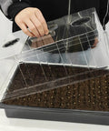 Person lifting clear dome of 4 Pack Seed Starter Trays With 5 Inch Tall Humidity Domes For Strong Seedlings Reusable Germination Kit