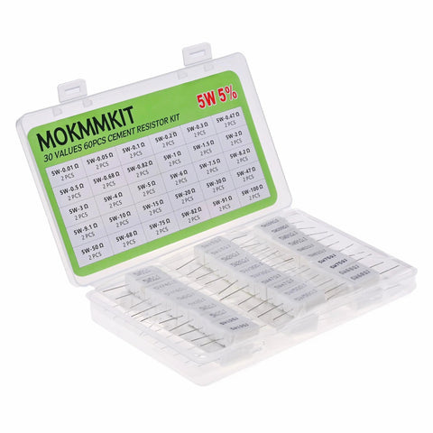 Front view of MOKMMKIT ceramic cement resistor kit in a clear case; 60 resistors, 5W ±5%, 0.01–100 Ω
