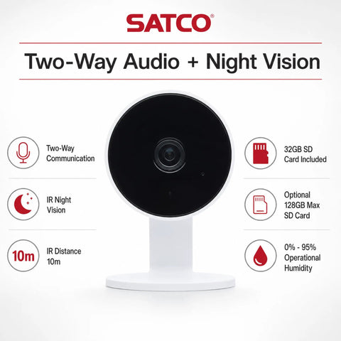 Rock Solid 1080P HD Indoor Security Camera 40 Pack including slick white housing and extra 32GB storage card showing two-way audio features.