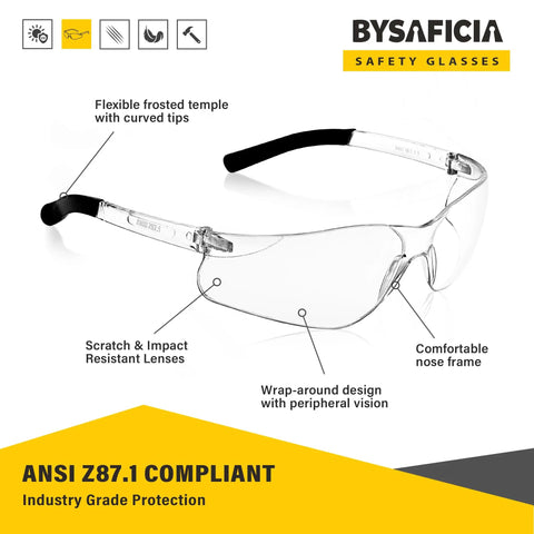 12 Pack Clear Safety Glasses Bulk With Kickass Scratch Resistant Polycarbonate Lenses And Sweet Uv Protection For Heavy Duty Job Sites And Weekend Diy Projects Rock Solid Ansi Z87 Approved with flexible temple and wrap-around design.