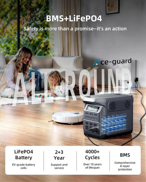 Power On The Go 1024Wh LiFePO4 Portable Power Station in a modern living room setting with family and robot vacuum