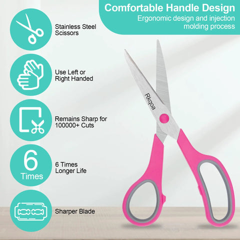 6 Pack 8 Inch Multipurpose Comfort Grip Scissors Set With Colorful Handles Ergonomic Sharp Blades Go To Crafting Office Home