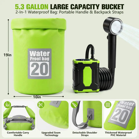 On The Go Camping Shower With 10000mAh Battery, Waterproof Dry Bag, LED Display, 4 Spray Modes, Rechargeable Portable Outdoor Water Pump