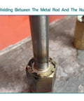Close-up of welding between a metal rod and nut using Flux Free Aluminum Brazing Rods 1/16 Inch for Propane Torch, 13 Inch Length.