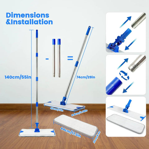 18 Inch Microfiber Flat Mop With Heavy Duty Stainless Steel Handle And Durable Aluminum Base For Wet And Dry Floor Cleaning dimensions and installation details.