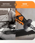 Cordless Electric Chainsaw Sharpener Kit With Chain Saw Sharpener Tool Four File Size Sharpening Wheels Five Thirty Two Inch Angle Guide Attachment Wrench And Ebook For On The Go Quick And Easy Chain Sharpening showing old vs new sharpening method