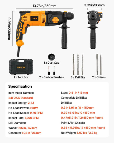 1 Inch SDS Plus Rotary Hammer Drill With 8 Amp Corded Power Beefy Heavy Duty Demolition Hammer and accessories layout