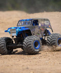 1 By 18 Scale Mini LMT Son Uva Digger 2S 4X4 RTR Brushed Monster Truck Blue on dirt with LED headlights and BKT tires