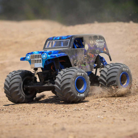 1 By 18 Scale Mini LMT Son Uva Digger 2S 4X4 RTR Brushed Monster Truck Blue on dirt with LED headlights and BKT tires
