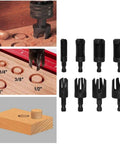 Top Shelf Woodworking Plug Cutter Drill Bit Set Featuring Straight And Tapered Chamfer Bits In Four Sizes for precise countersink filling.