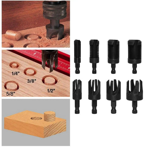 Top Shelf Woodworking Plug Cutter Drill Bit Set Featuring Straight And Tapered Chamfer Bits In Four Sizes for precise countersink filling.