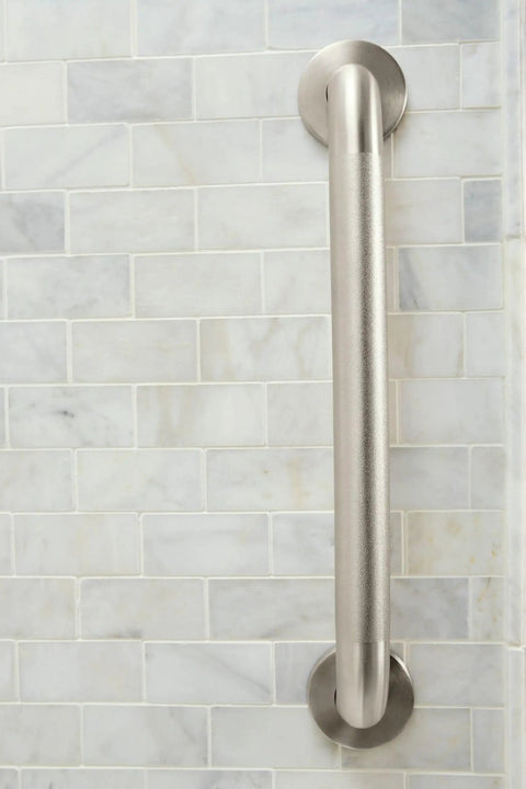 24 Inch Stainless Steel Handicap Grab Bar For Bathtub And Shower With Slip Resistant Peened Texture, mounted on tiled wall.