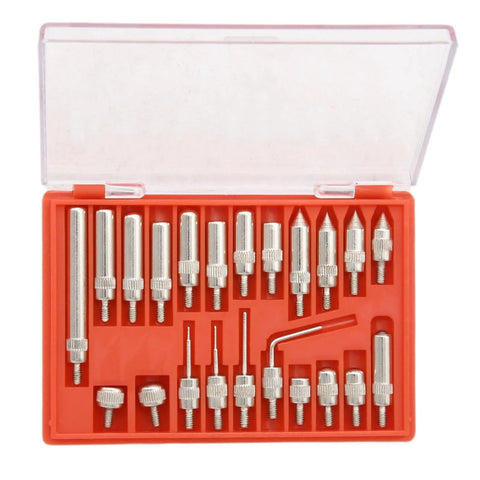 Dial indicator accessory set in red case with assorted precision tips and small tools (front view)