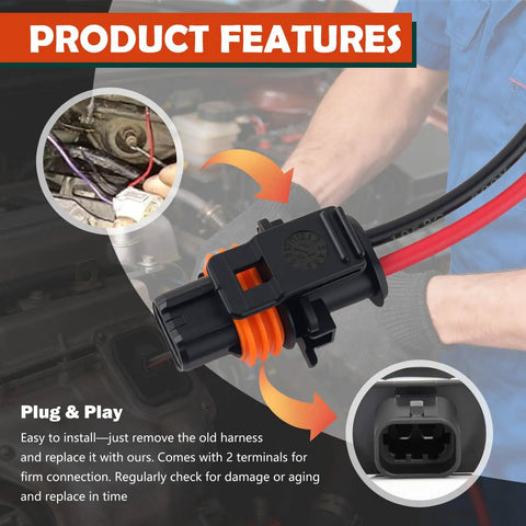 Alternator Pigtail Harness With Terminals 2 Pin Plug OEM 25877026 Connector, black and orange, showing plug and installation features