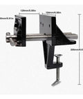 Premium Cast Iron Table Vise With Quick Opening Woodworking Clamp Tool, showing dimensions and sturdy steel construction.
