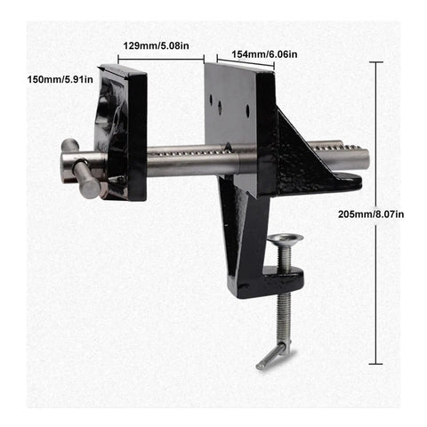 Premium Cast Iron Table Vise With Quick Opening Woodworking Clamp Tool, showing dimensions and sturdy steel construction.