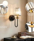 Black And Gold Crystal Wireless Rechargeable Wall Sconces Set Of Two Remote Dimmable 3Cct Bedroom Living Room Decor with elegant lampshade.