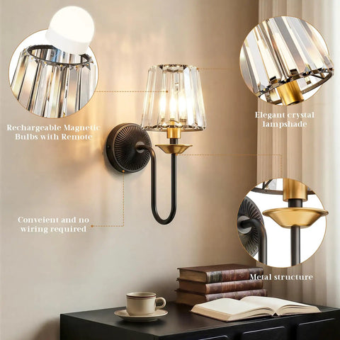 Black And Gold Crystal Wireless Rechargeable Wall Sconces Set Of Two Remote Dimmable 3Cct Bedroom Living Room Decor with elegant lampshade.