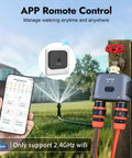 Smart Water Timer For Garden Hose With Brass Inlet And Outlet, WiFi Hub Enabled, shown with app and sprinkler setup