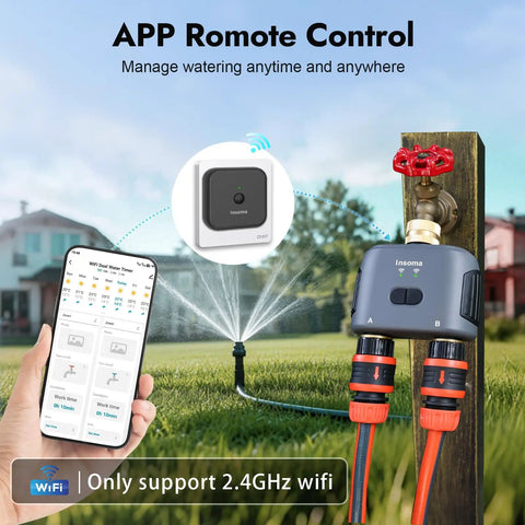 Smart Water Timer For Garden Hose With Brass Inlet And Outlet, WiFi Hub Enabled, shown with app and sprinkler setup