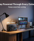 Office setup with Elite 100 V2 Portable Power Station 1024Wh LFP Battery Solar Generator With 1800W AC Output on desk.