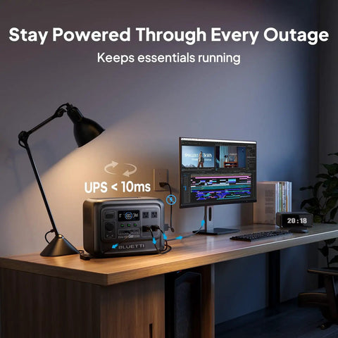Office setup with Elite 100 V2 Portable Power Station 1024Wh LFP Battery Solar Generator With 1800W AC Output on desk.