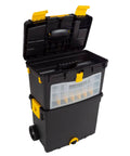 Rolling Tool Box With Wheels And Foldable Comfort Handle Removable Top And Deep Bottom Storage Stackable Organizers With 24 Compartments Two Removable Trays Cable Hooks For On The Go Tasks open showing interior