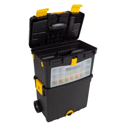 Rolling Tool Box With Wheels And Foldable Comfort Handle Removable Top And Deep Bottom Storage Stackable Organizers With 24 Compartments Two Removable Trays Cable Hooks For On The Go Tasks open showing interior
