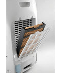 Close-up of filter compartment in White Portable Evaporative Cooler That Delivers Legit Indoor Cooling And Natural Humidification While Skipping The Heavy Compressor For Straight Up Energy Savings And Fresher Air Anytime.