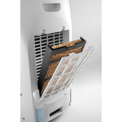 Close-up of filter compartment in White Portable Evaporative Cooler That Delivers Legit Indoor Cooling And Natural Humidification While Skipping The Heavy Compressor For Straight Up Energy Savings And Fresher Air Anytime.