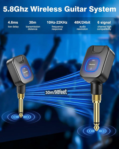 5.8GHz Wireless Guitar System with charging box, receiver and transmitter showing 30m range and frequency specs