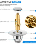 Universal Stainless Steel Sink Drain Stopper With Pop Up Design And Hair Catcher Chrome Finish Bounce Drain Plug Filter For 1.02 To 1.65 Inch Drains Fits Most Basins Easy Install with detailed parts labeled