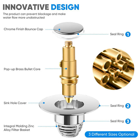 Universal Stainless Steel Sink Drain Stopper With Pop Up Design And Hair Catcher Chrome Finish Bounce Drain Plug Filter For 1.02 To 1.65 Inch Drains Fits Most Basins Easy Install with detailed parts labeled