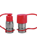 ISO 16028 hydraulic quick connect with dust caps, rust-resistant zinc-plated carbon steel coupler for industrial hydraulics.