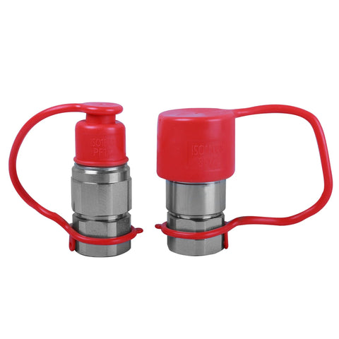 ISO 16028 hydraulic quick connect with dust caps, rust-resistant zinc-plated carbon steel coupler for industrial hydraulics.