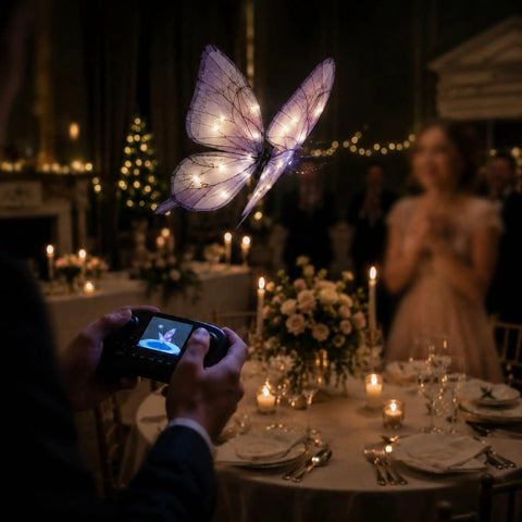 RC Flying Butterfly Drone With LED Lights And Realistic Flapping Wings Hand Controlled Glider in an elegant indoor setting
