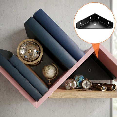 Four Pack Corner Brackets 66mm By 66mm Right Angle Shelf Braces in black metal used in wooden shelf design with decor