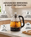 1 Liter Glass Electric Kettle With Keep Warm Function, Rapid Boil Tech, Auto Shut Off Safety, Bpa-Free Borosilicate Build, And An Easy Pour Spout for visible brewing with steam on countertop.
