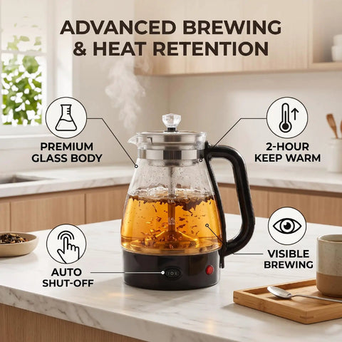 1 Liter Glass Electric Kettle With Keep Warm Function, Rapid Boil Tech, Auto Shut Off Safety, Bpa-Free Borosilicate Build, And An Easy Pour Spout for visible brewing with steam on countertop.