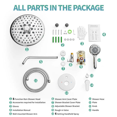 Complete set of 10 Inch Multifunctional High Pressure Shower System With Handheld Head, Valve Included, Polished Chrome Finish