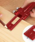 Hands using Pro Grade 3 Piece Pocket Metal Ruler Set With Inch And Metric T Type Scribing Square For Marking And Measuring Quick Readouts.