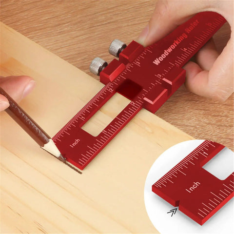 Hands using Pro Grade 3 Piece Pocket Metal Ruler Set With Inch And Metric T Type Scribing Square For Marking And Measuring Quick Readouts.