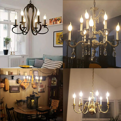 Chandeliers with LED Candelabra Bulb 25W Equivalent 3000K Soft White Warm Glow Flame Tip Frosted Glass E12 Base Dimmable