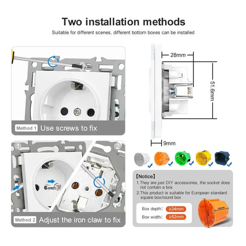 Two installation methods for Stunning French Style 16A Double Wall Socket Boasts Tempered Glass Panel And Fresh Black Look For 220V Systems.