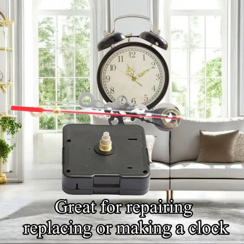 Easy Fit Quartz Clock Movement DIY Repair Kit for Wall Clocks shown with clock face and hands in living room setting