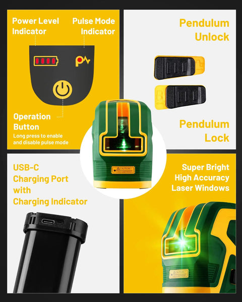Cross Line Laser Level With Two Plumb Dots 24 Hour Battery Life Type C Charging Self Leveling Pulse Mode Dual Power Pro Grade Jobsite Tool For Indoor And Outdoor Use And Quick Setup